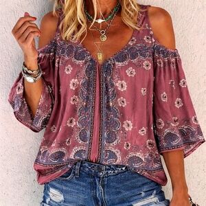 American Rag Dusty Rose Cold-Shoulder Paisley Floral Blouse NWT XL